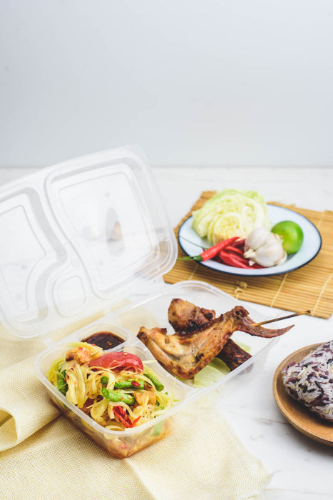 กล่องพลาสติก 2 ช่อง + ช่องน้ำจิ้ม simple 1000ml (ฝาพับ)