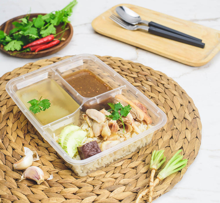 กล่องอาหารพลาสติก 3 ช่อง premium 800ml สีใส